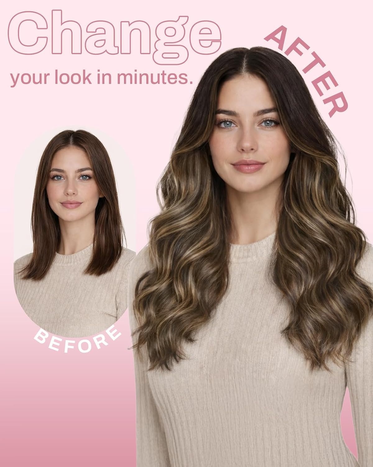 image:imageMoresoo Clip in Hair Extensions Ash Blonde Highlights 14inch Yellow ToneS4274 Medium Brown to Warm Caramel and Medium Brown