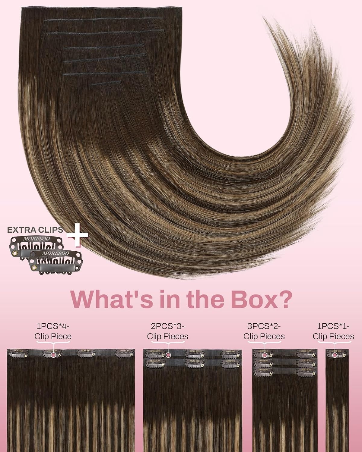 image:imageMoresoo Clip in Hair Extensions Ash Blonde Highlights 14inch Yellow ToneS4274 Medium Brown to Warm Caramel and Medium Brown