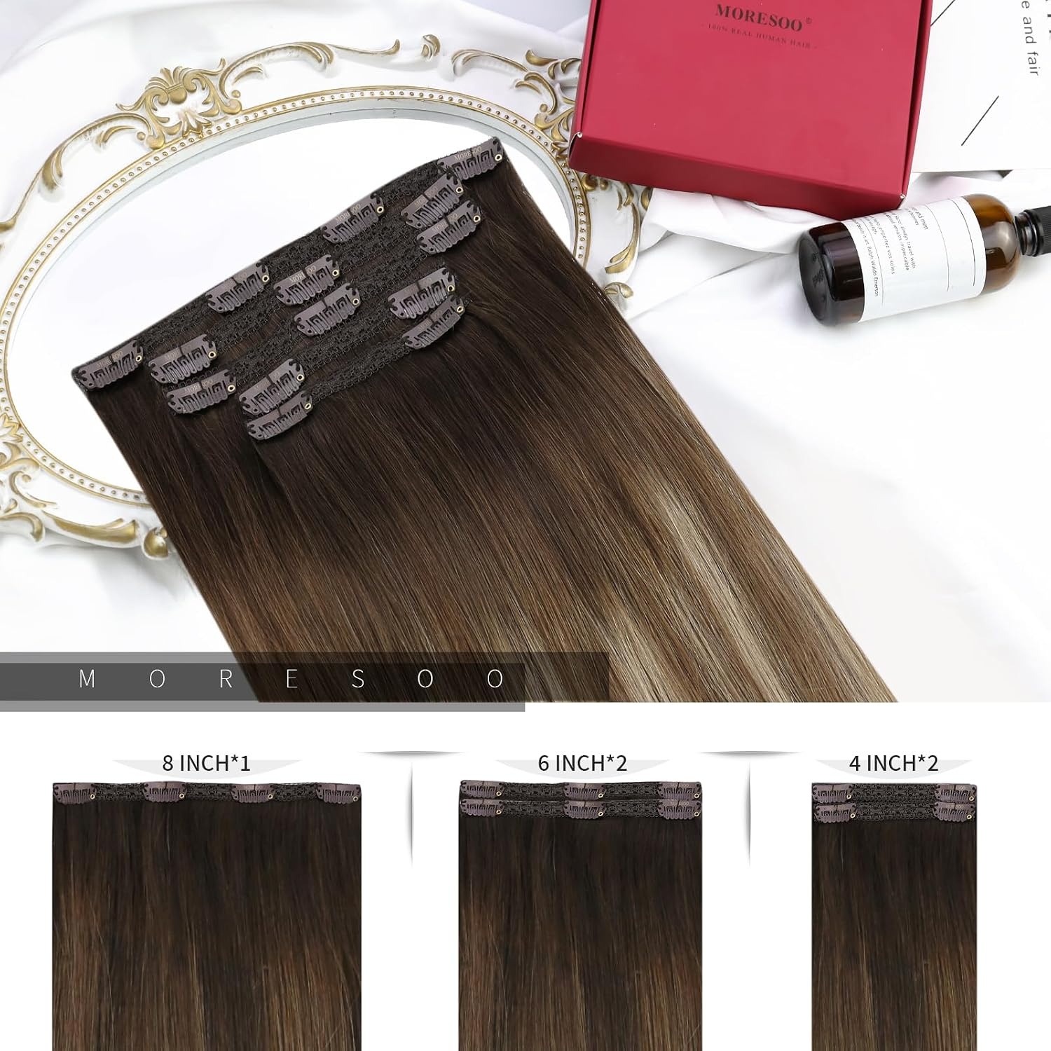 image:imageMoresoo Clip in Hair Extensions and Human Hair Tape in Extensions Balayage Dark Brown to Blonde Mix with Brown20pcs50g5pcs70g 14inch Bundle