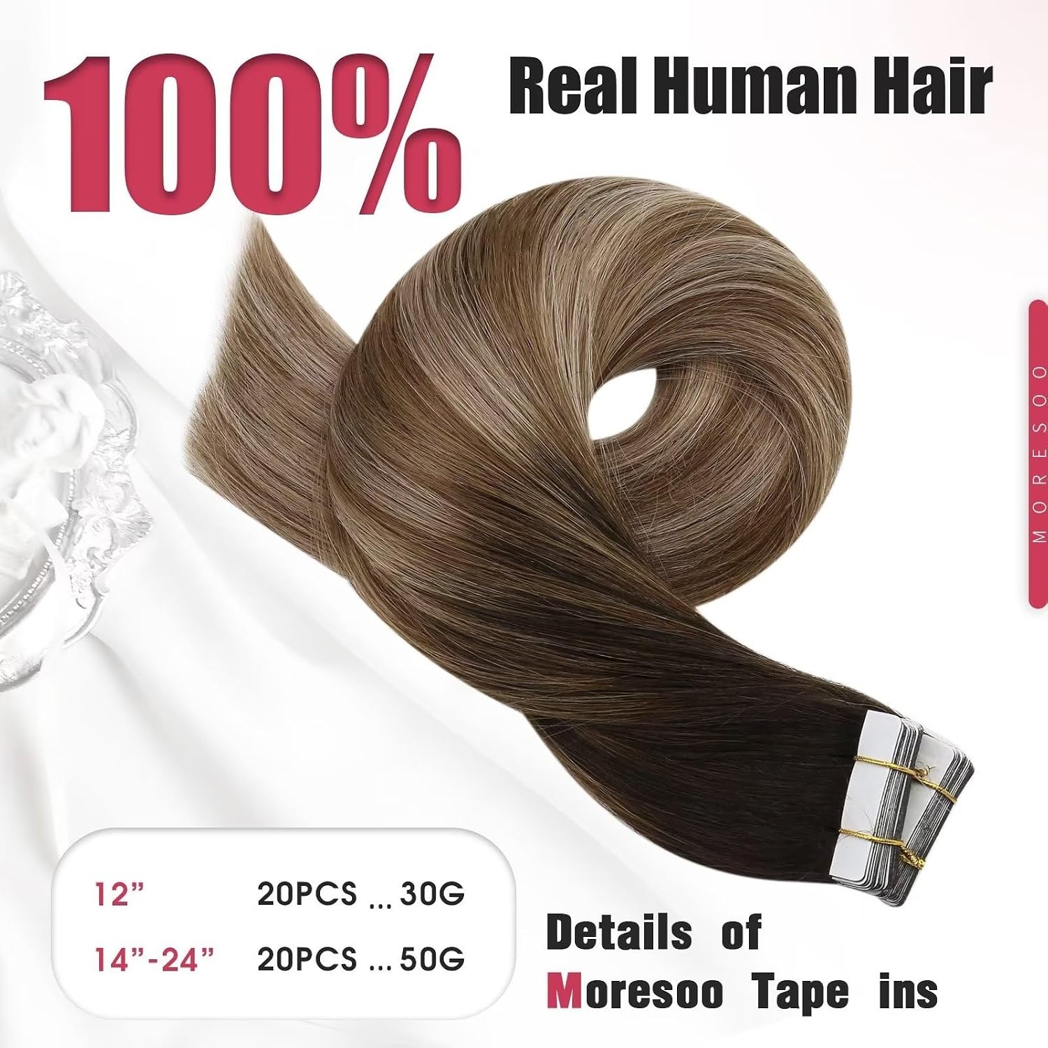 image:imageMoresoo Clip in Hair Extensions and Human Hair Tape in Extensions Balayage Dark Brown to Blonde Mix with Brown20pcs50g5pcs70g 14inch Bundle