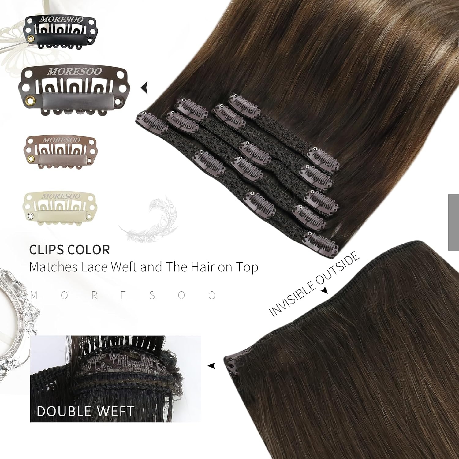 image:imageMoresoo Clip in Hair Extensions and Human Hair Tape in Extensions Balayage Dark Brown to Blonde Mix with Brown20pcs50g5pcs70g 14inch Bundle