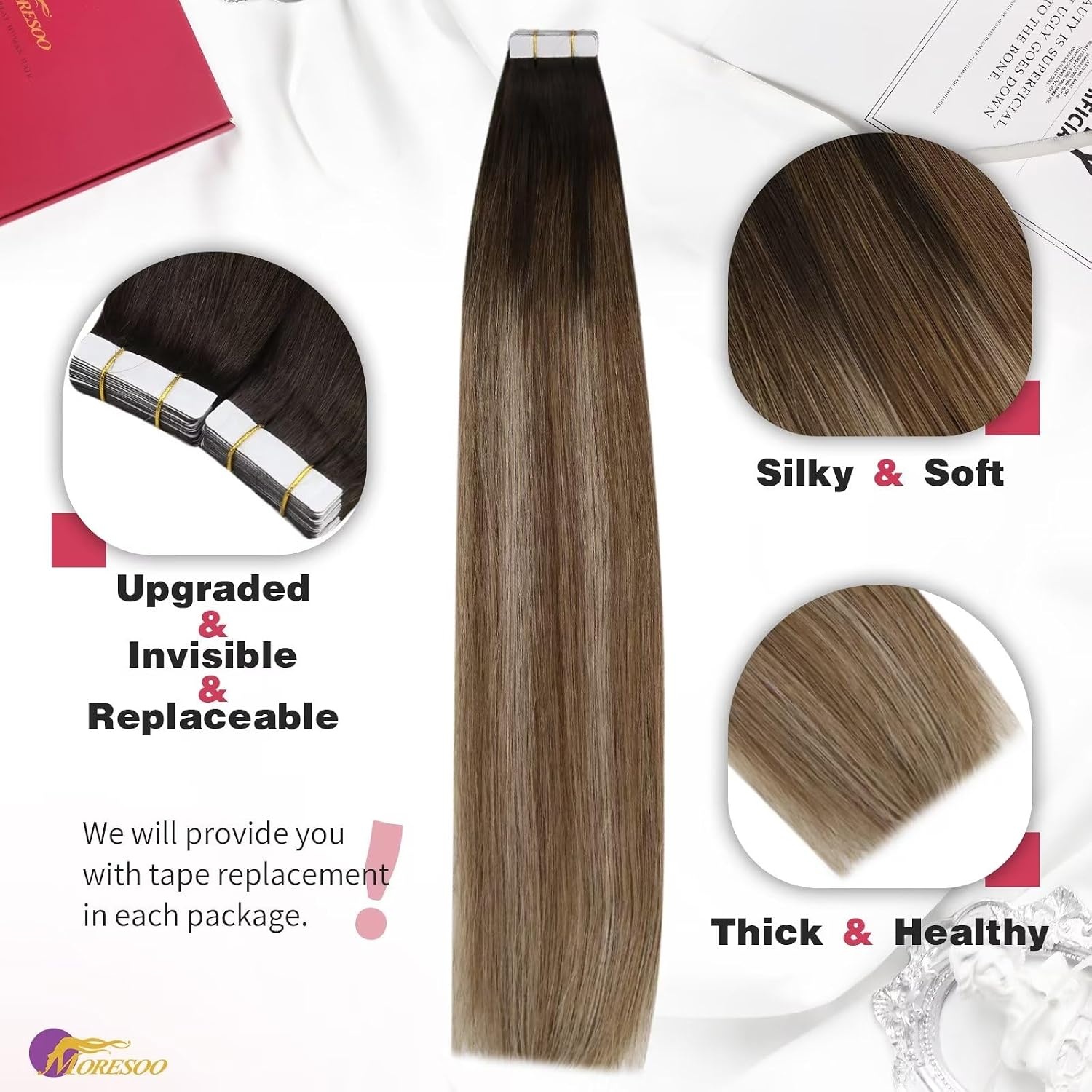 image:imageMoresoo Clip in Hair Extensions and Human Hair Tape in Extensions Balayage Dark Brown to Blonde Mix with Brown20pcs50g5pcs70g 14inch Bundle