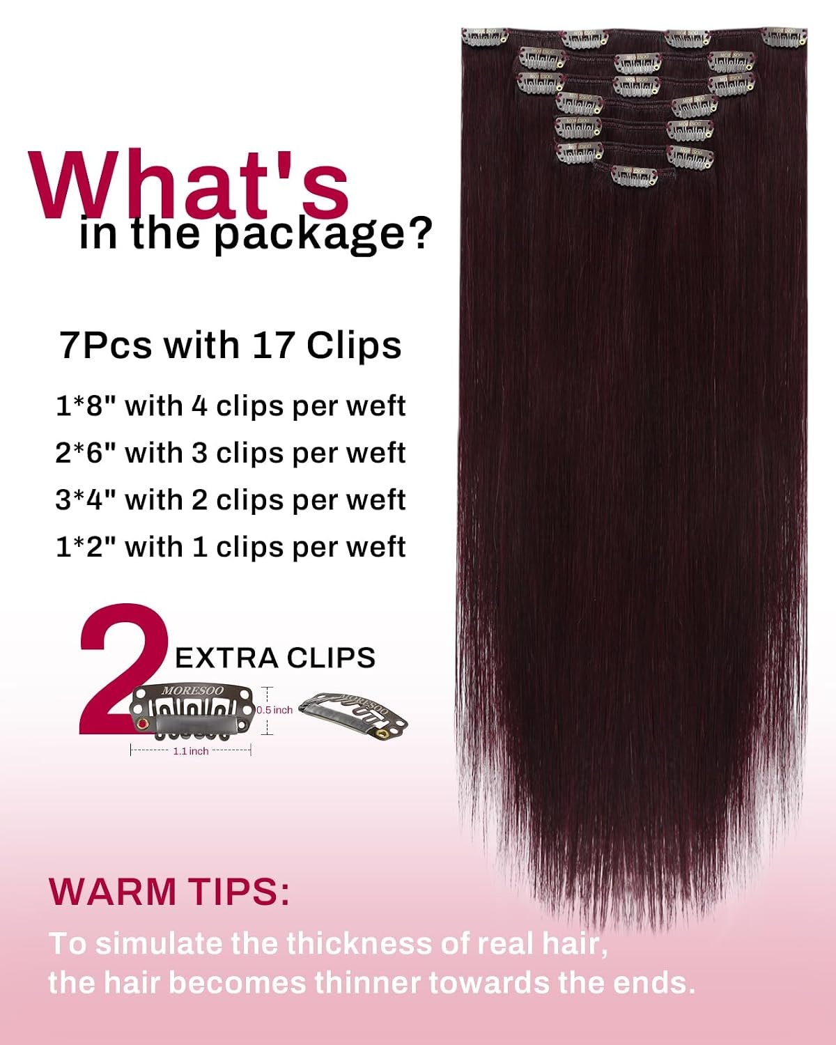 image:imageMoresoo Natural Black Burgundy Clip ins 18in 120g Bundle