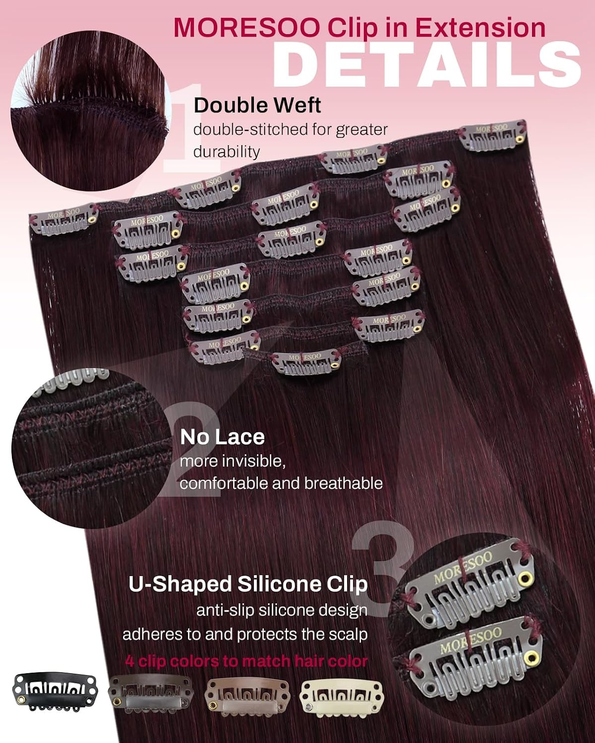image:imageMoresoo Natural Black Burgundy Clip ins 18in 120g Bundle