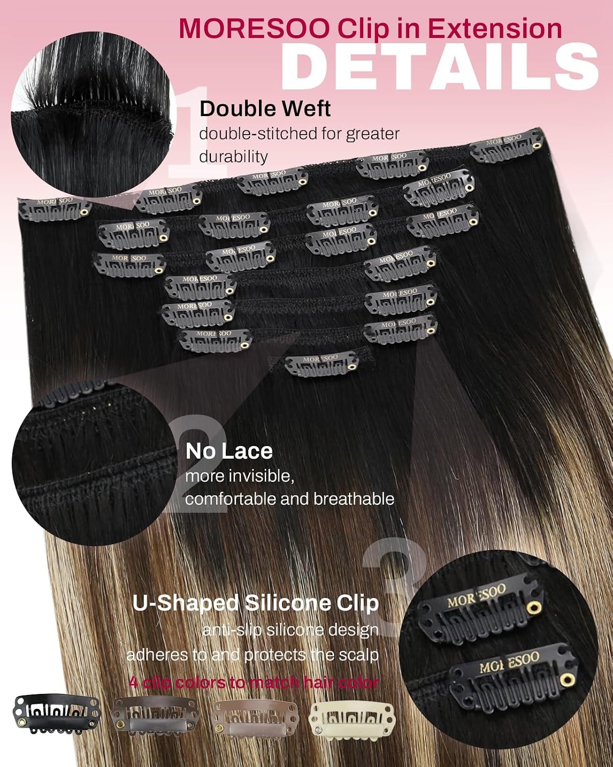 image:imageMoresoo Natural Black Caramel Balayage Clip ins 18in 120g Bundle