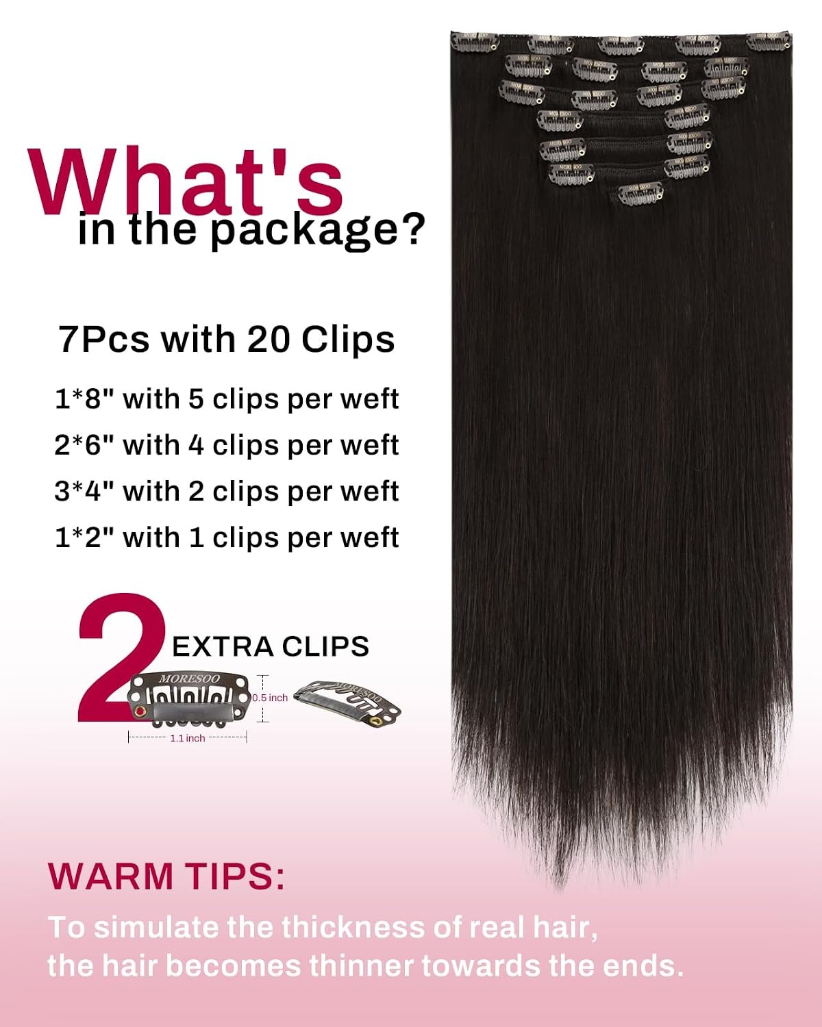 image:imageMoresoo Natural Black Dark Brown Clip ins 14in 80g and 18in 120g Bundle