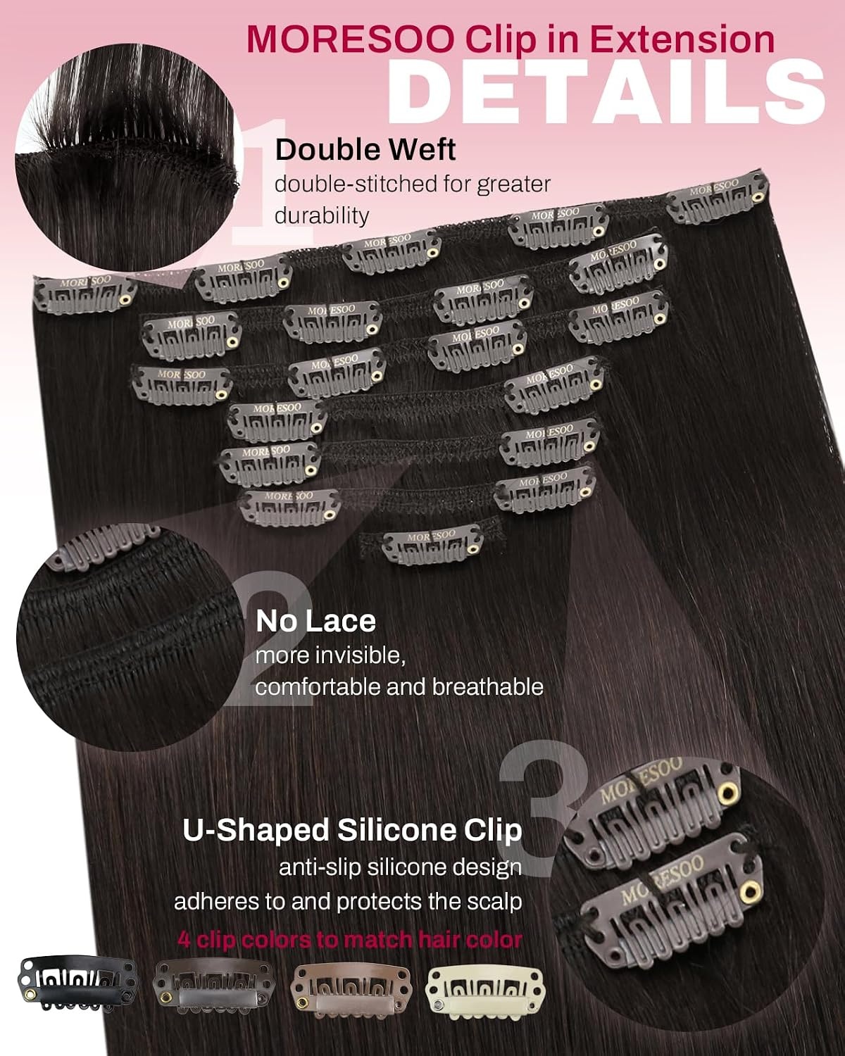 image:imageMoresoo Natural Black Dark Brown Clip ins 14in 80g and 18in 120g Bundle