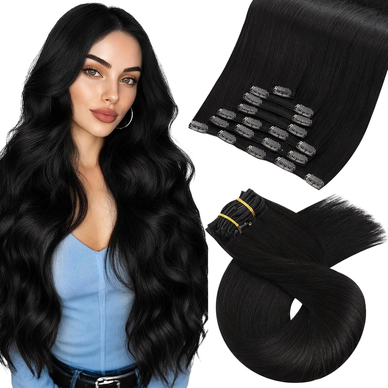 image:imageMoresoo Natural Black Jet Black Clip ins 18in 120g and 20in 120g Bundle