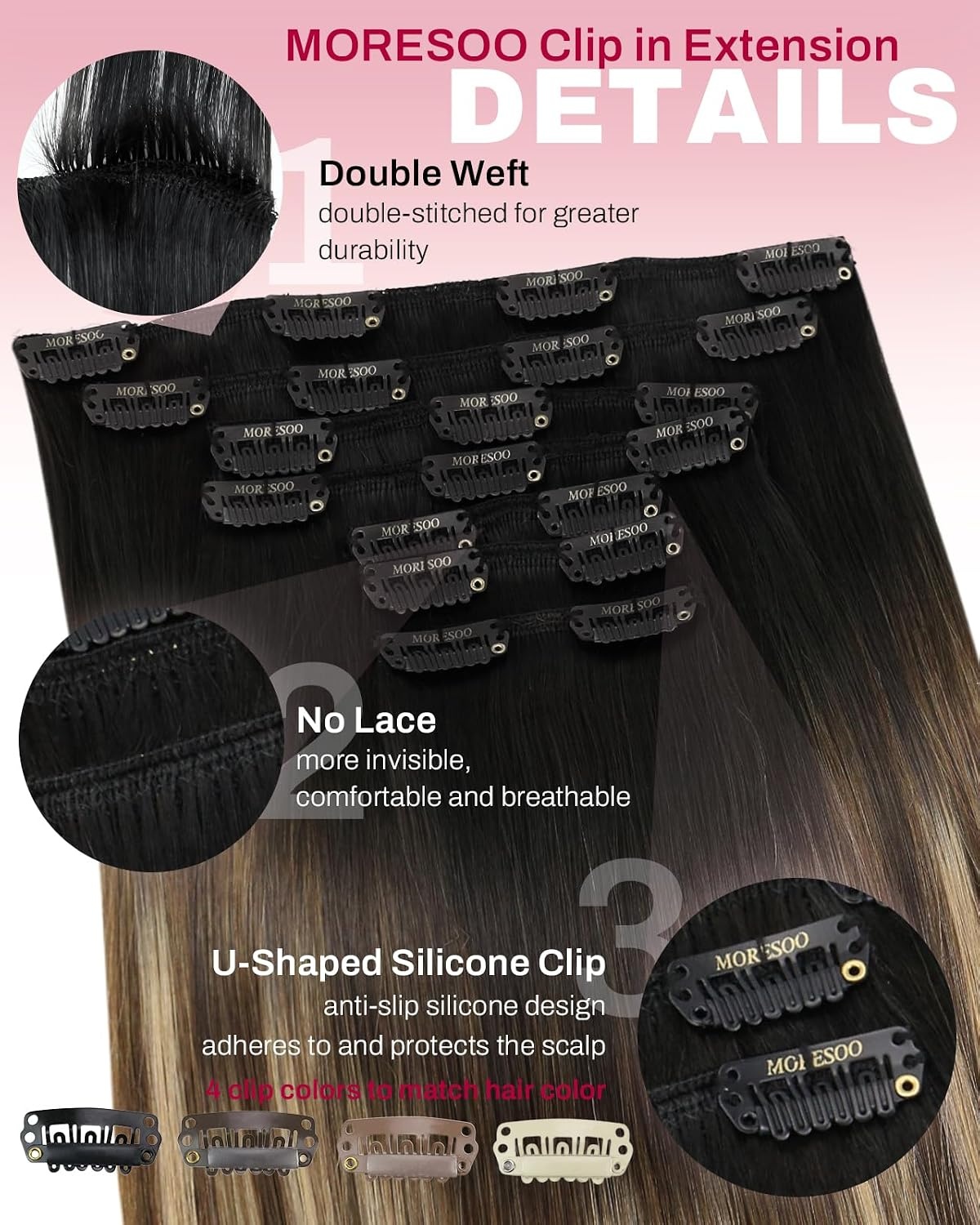 image:imageMoresoo Natural Black Mocha Balayage Clip ins 14in 80g and 16in 135g Bundle
