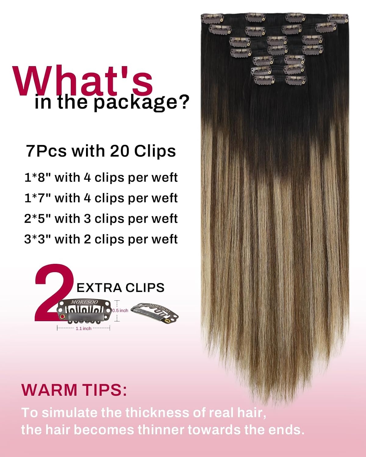 image:imageMoresoo Natural Black Mocha Balayage Clip ins 14in 80g and 16in 135g Bundle