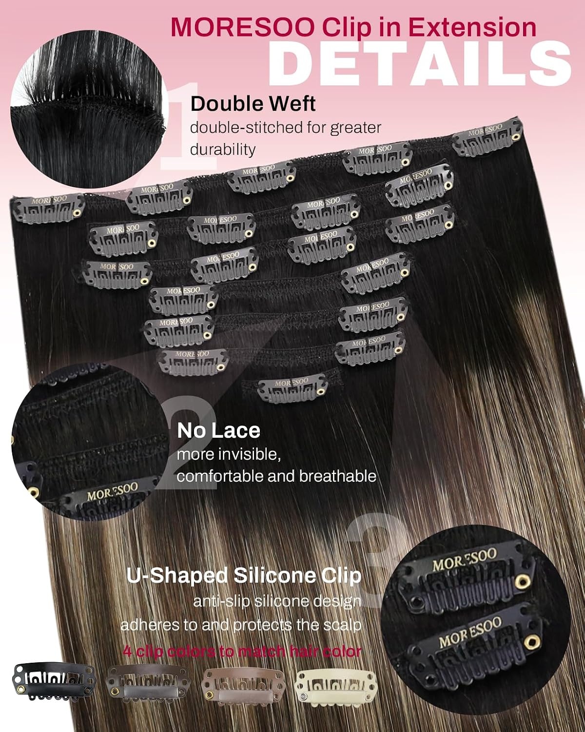 image:imageMoresoo Natural Black Off Black Balayage Clip ins 18in and 20in 120g Bundle