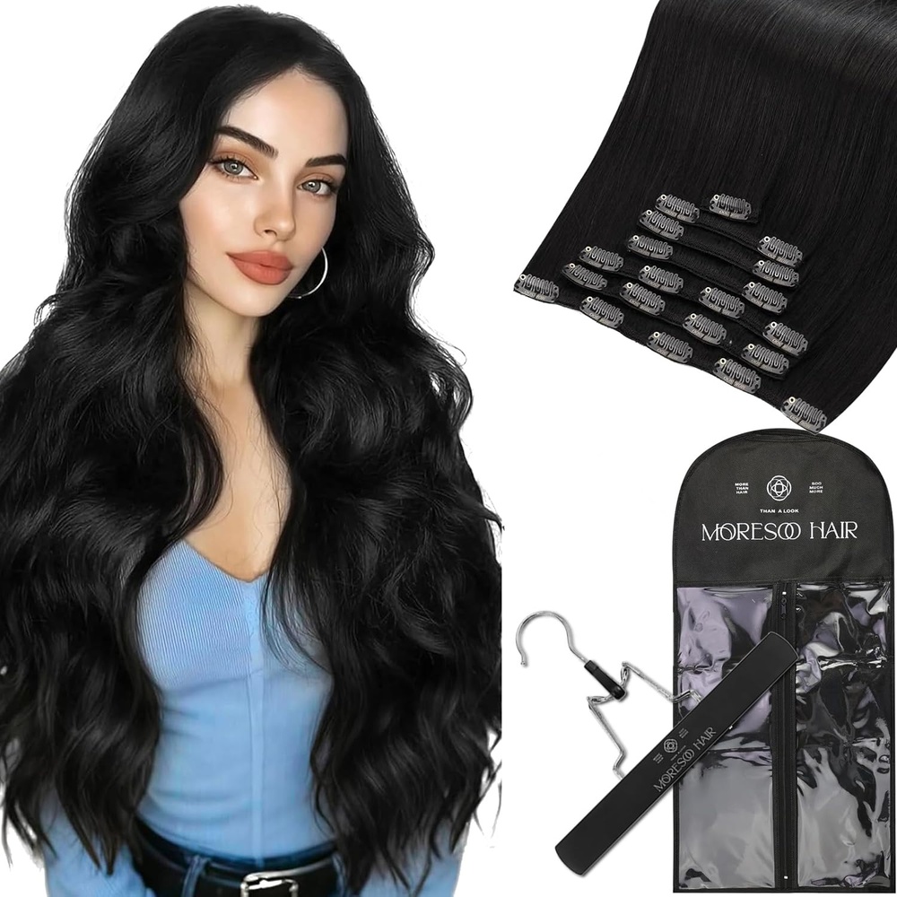 image:imageMoresoo Black Clip ins 16in 120g with Hair Extension Storage Bag Bundle