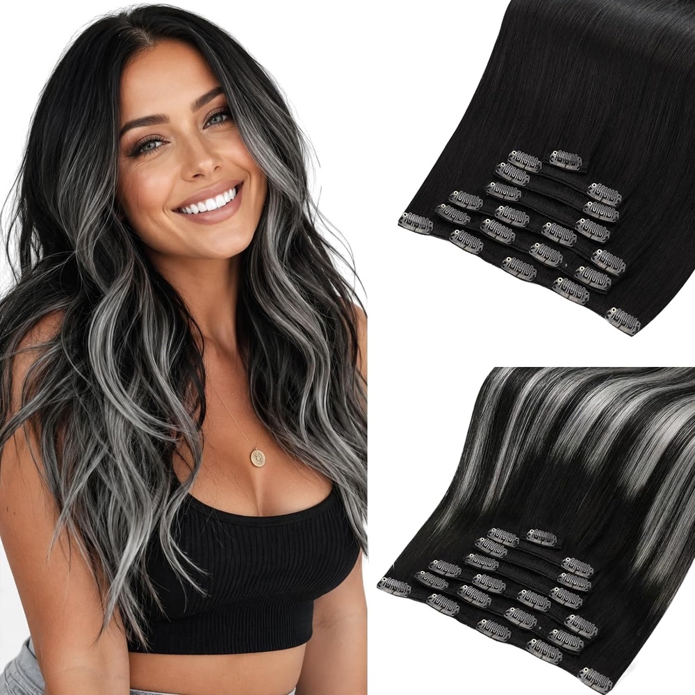 image:imageMoresoo Black Silver Ombre Clip ins 16in 120g and 16in 135g Bundle