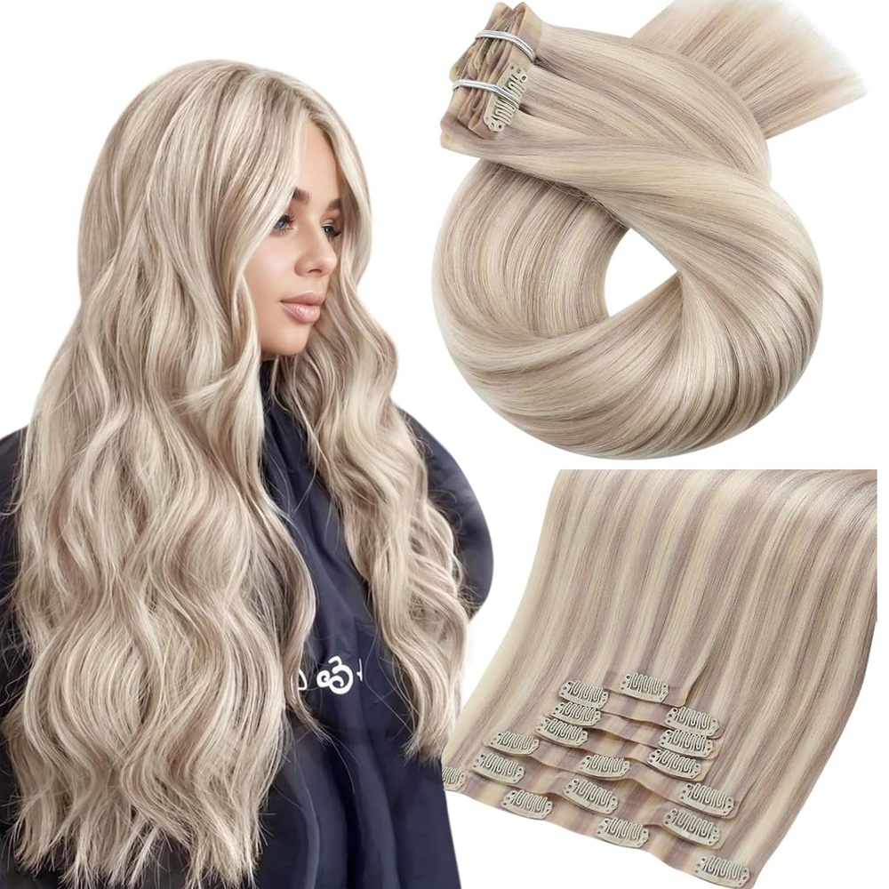 image:imageMoresoo Clip in Hair Extensions Ash Blonde Highlights 14inch Yellow ToneS 1660 Highlights Ash Blonde with Light Golden Blonde