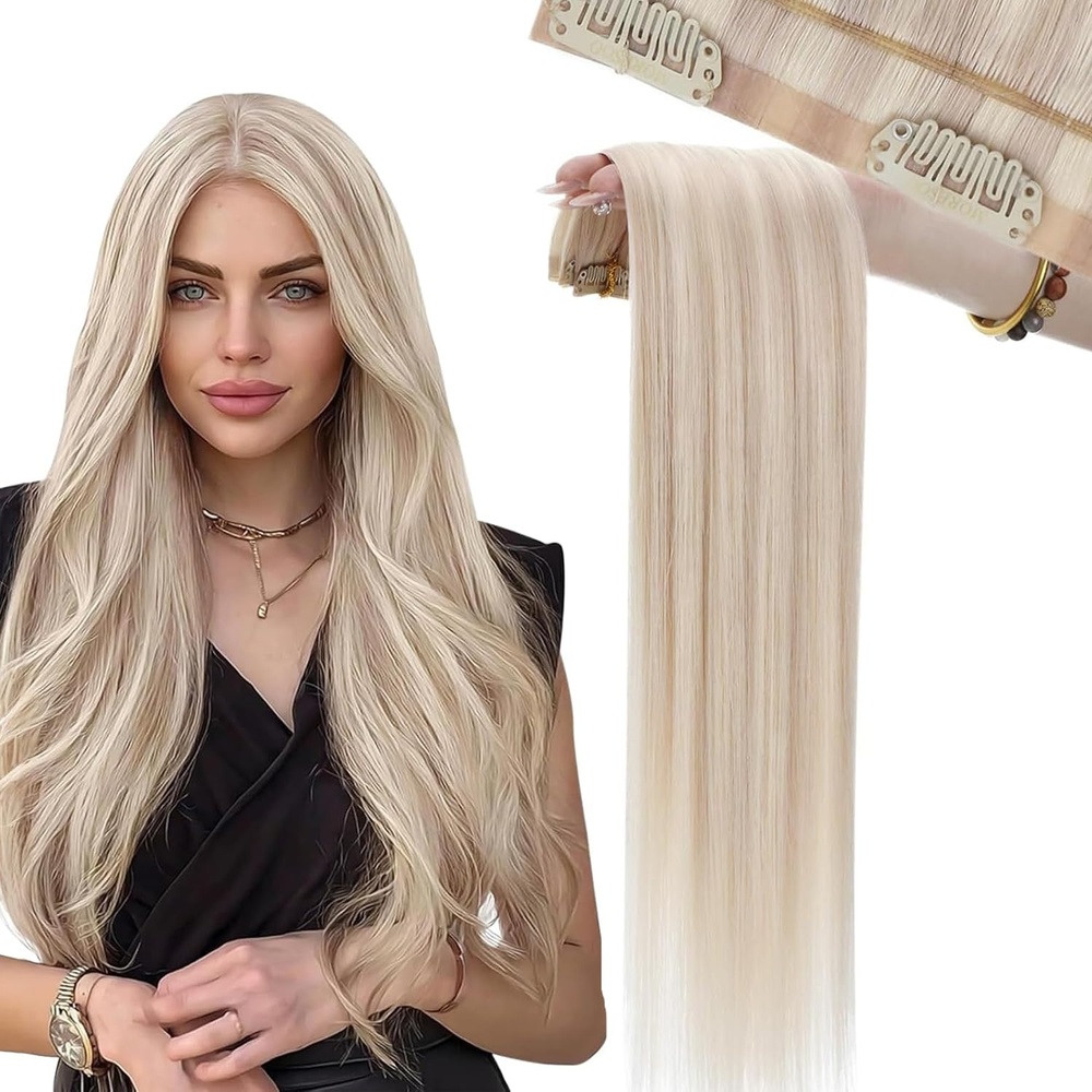 image:imageMoresoo Clip in Hair Extensions Ash Blonde Highlights 14inch Yellow ToneS 18P613 Ash Blonde to Bleach Blonde