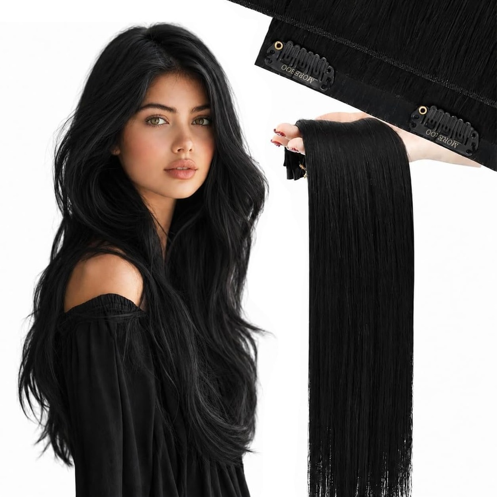 image:imageMoresoo Clip in Hair Extensions Ash Blonde Highlights 14inch Yellow ToneS 1B Natural Black