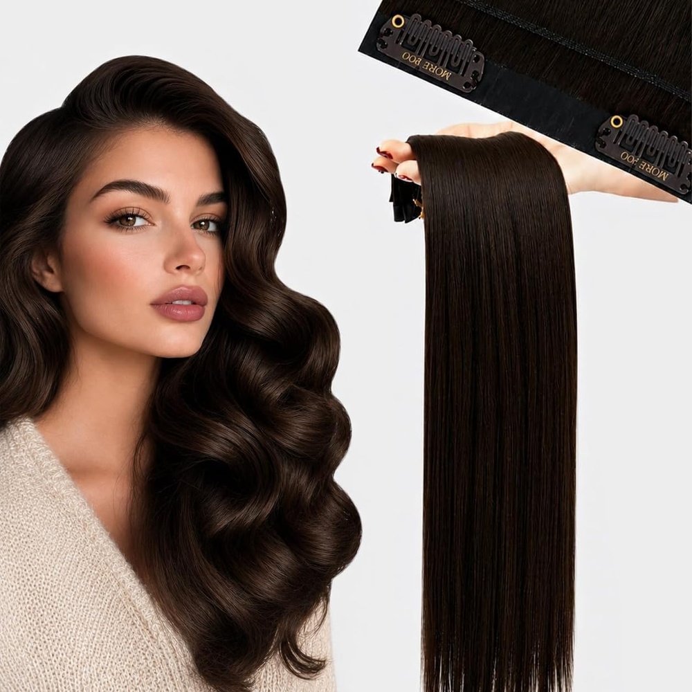 image:imageMoresoo Clip in Hair Extensions Ash Blonde Highlights 14inch Yellow ToneS 4 Medium Brown