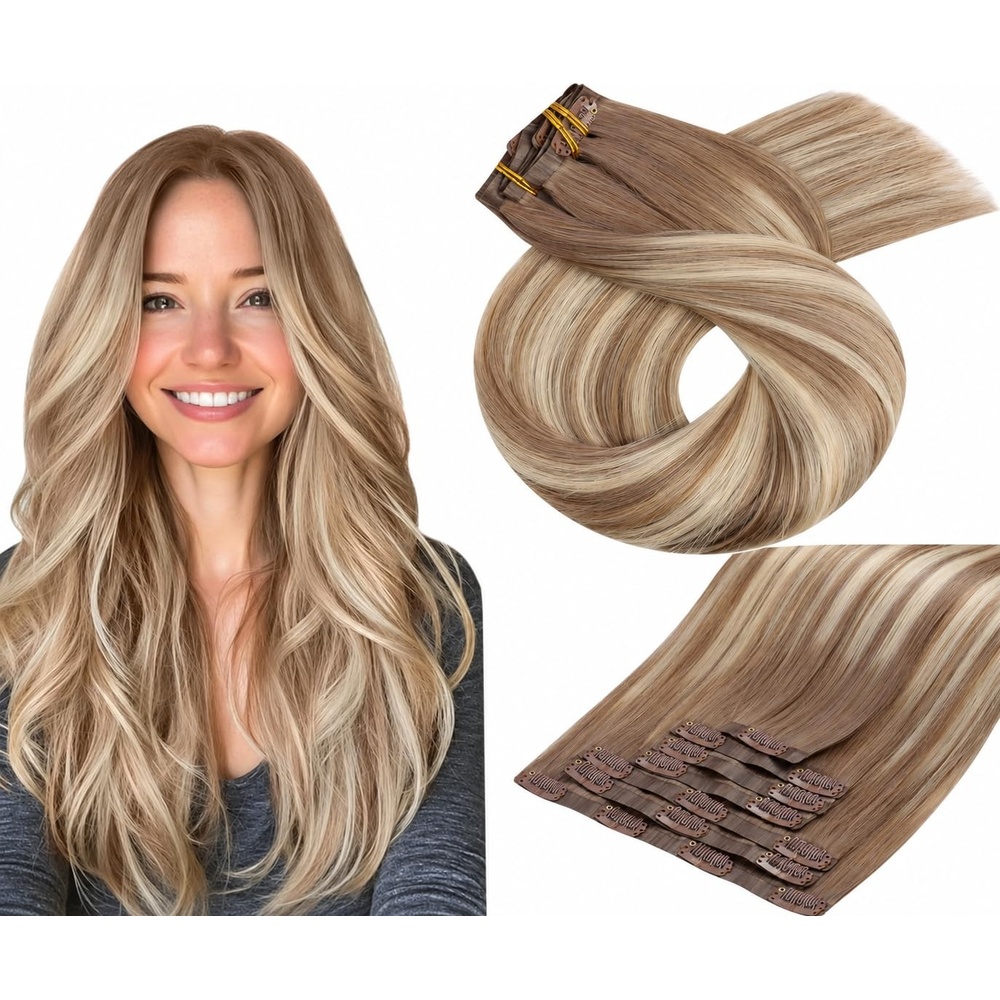 image:imageMoresoo Clip in Hair Extensions Ash Blonde Highlights 14inch Yellow ToneS 8228 Light Brown to Dirty blonde