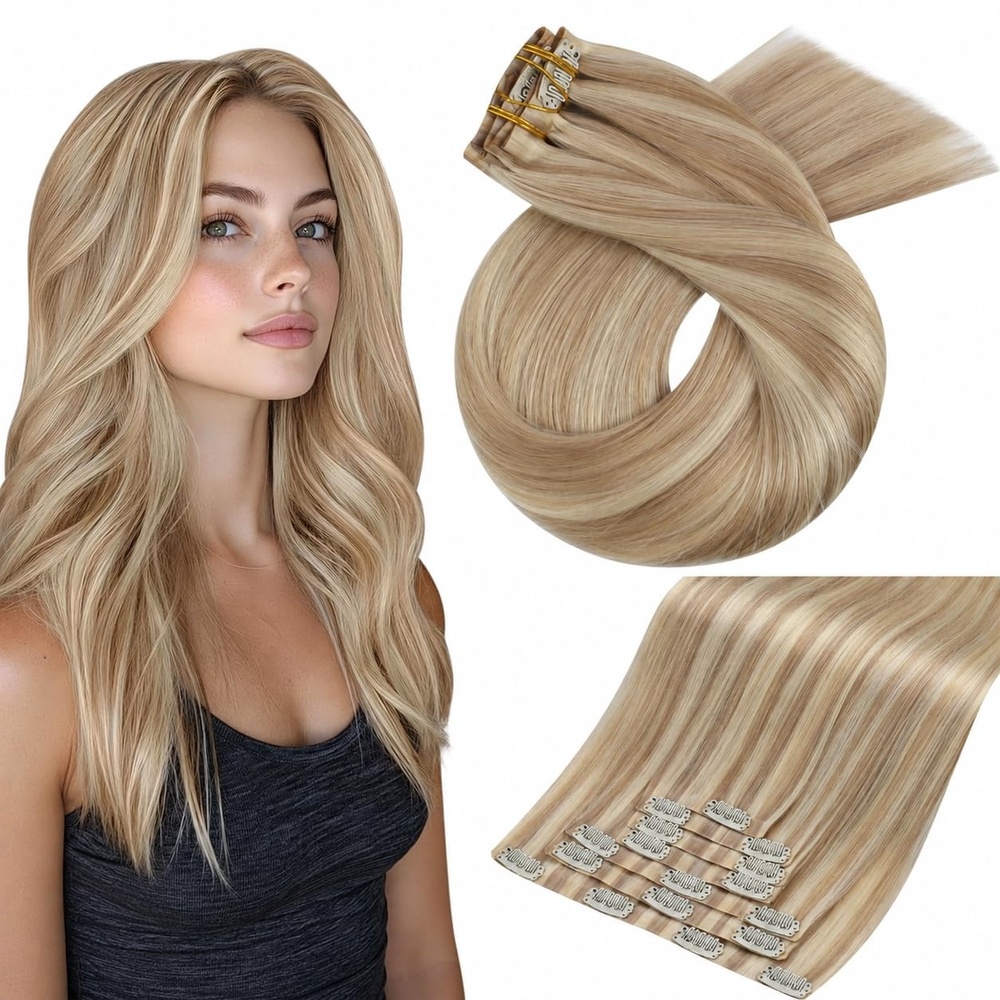 image:imageMoresoo Clip in Hair Extensions Ash Blonde Highlights 14inch Yellow ToneS P1622 Soft Beige Blonde to Dirty blonde