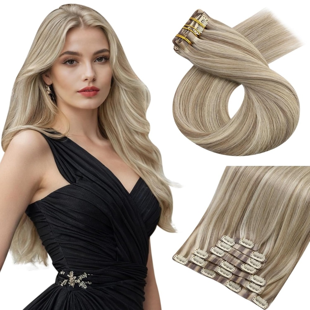 image:imageMoresoo Clip in Hair Extensions Ash Blonde Highlights 14inch Yellow ToneS P9A60 Light Ash Brown to Light Blonde