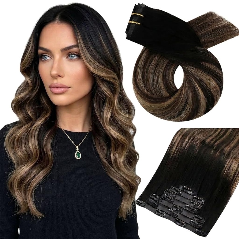 image:imageMoresoo Clip in Hair Extensions Ash Blonde Highlights 14inch Yellow ToneS1B327 Natural Black to Dark Mocha Brown and Warm Caramel