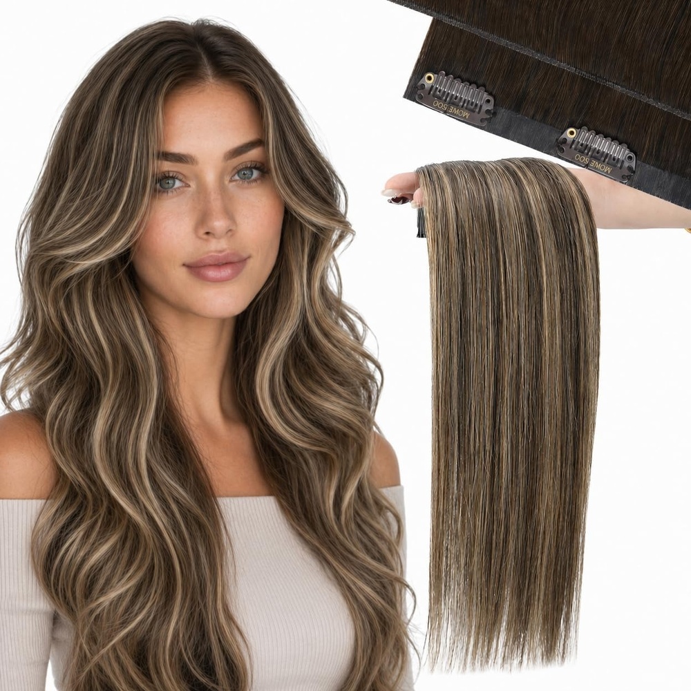 image:imageMoresoo Clip in Hair Extensions Ash Blonde Highlights 14inch Yellow ToneS4274 Medium Brown to Warm Caramel and Medium Brown