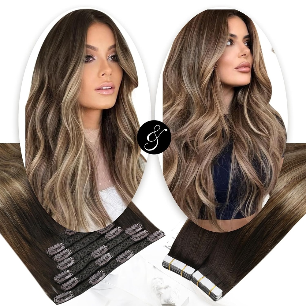 image:imageMoresoo Clip in Hair Extensions and Human Hair Tape in Extensions Balayage Dark Brown to Blonde Mix with Brown20pcs50g5pcs70g 14inch Bundle