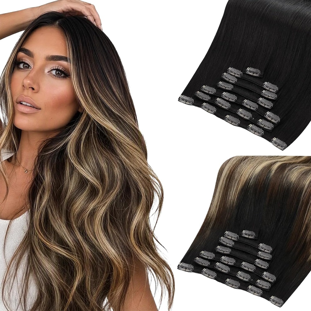 image:imageMoresoo Natural Black Caramel Balayage Clip ins 18in 120g Bundle