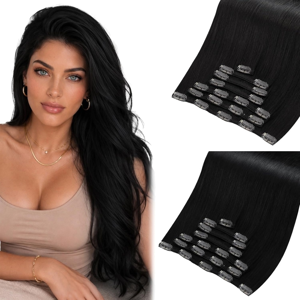 image:imageMoresoo Natural Black Jet Black Clip ins 18in 120g and 20in 120g Bundle