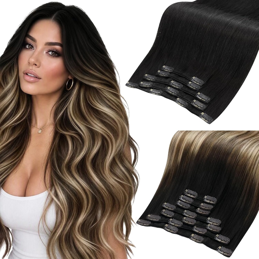 image:imageMoresoo Natural Black Mocha Balayage Clip ins 14in 80g and 16in 135g Bundle