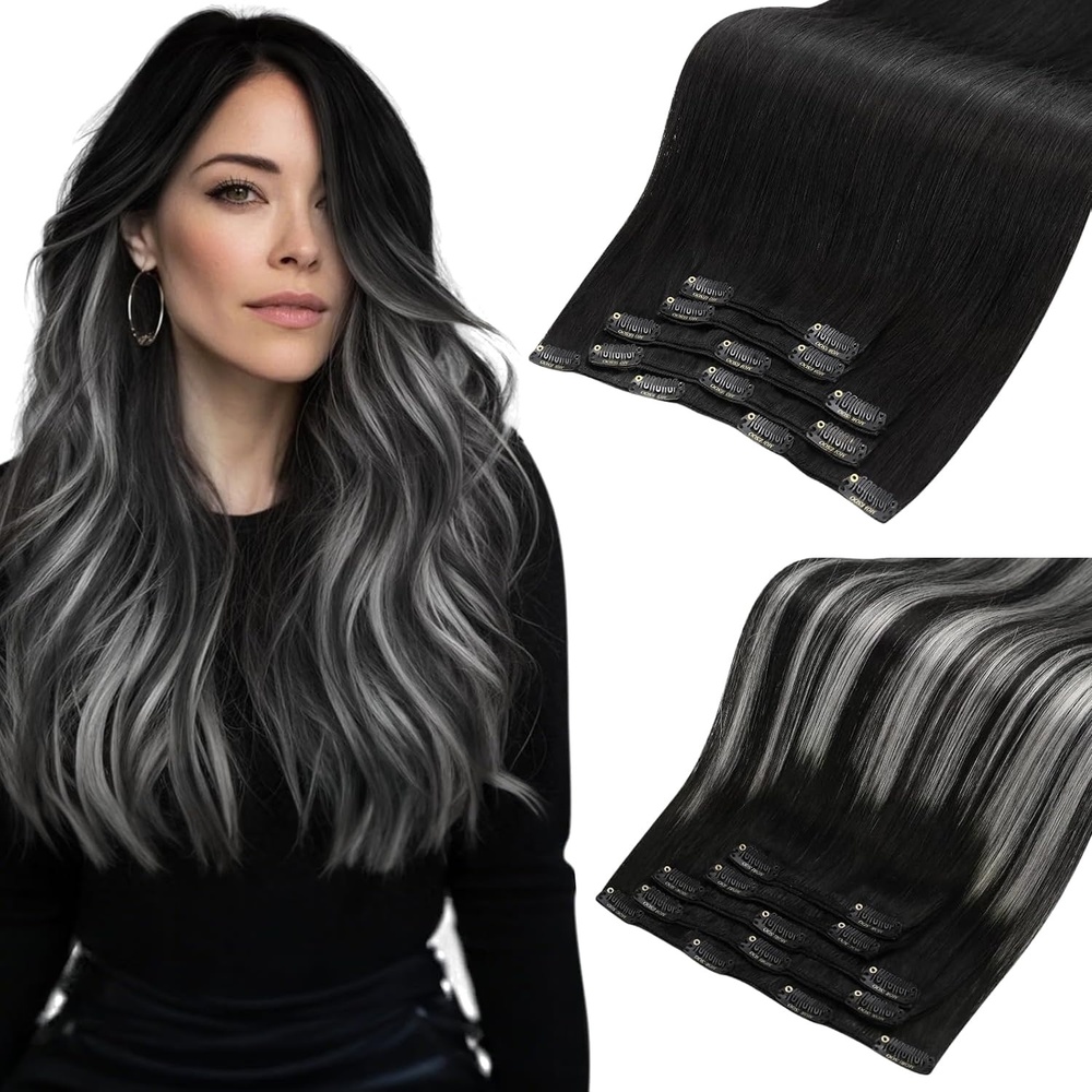 image:imageMoresoo Natural Black Silver Ombre Clip ins 14in 80g and 20in 80g Bundle