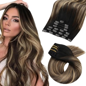Moresoo #1B/3/27 20inch Bundle Semless Clip in Hair Extensions Real Human Hair Natural Black to Mocha Brown Clip in Hair Extensions Full Head 2packs