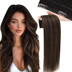 Moresoo Clip in Hair Extensions Ash Blonde Highlights 14inch Yellow Tone(#S 2/6/2 Dark Brown to Chestnut Brown and Dark Brown)