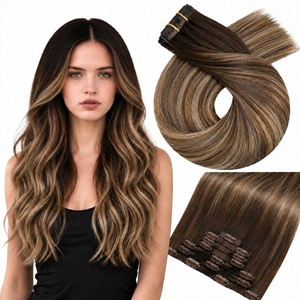 Moresoo Clip in Hair Extensions Ash Blonde Highlights 14inch Yellow Tone(#S 4/10/16 Medium Brown to Warm Chestnut Brown with Soft Beige Blonde)