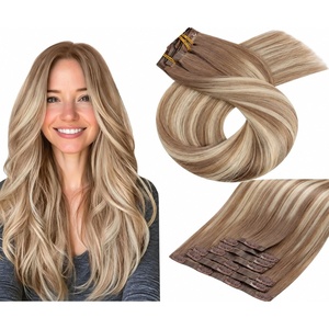 Moresoo Clip in Hair Extensions Ash Blonde Highlights 14inch Yellow Tone(#S 8/22/8 Light Brown to Dirty blonde)