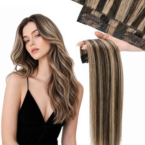 Moresoo Clip in Hair Extensions Ash Blonde Highlights 14inch Yellow Tone(#S P4/27 Medium Brown to Warm Caramel)