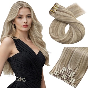 Moresoo Clip in Hair Extensions Ash Blonde Highlights 14inch Yellow Tone(#S P9A/60 Light Ash Brown to Light Blonde)