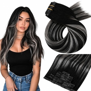 Moresoo Clip in Hair Extensions Ash Blonde Highlights 14inch Yellow Tone(#S1B/S/1B Balayage Natural Black to Silver)