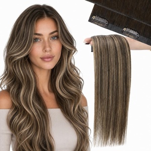Moresoo Clip in Hair Extensions Ash Blonde Highlights 14inch Yellow Tone(#S4/27/4 Medium Brown to Warm Caramel and Medium Brown)
