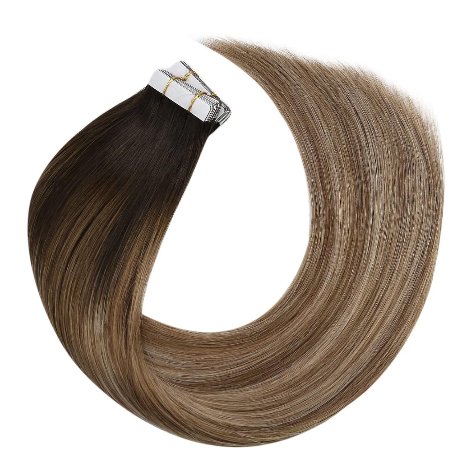 image:image2 Packs 22 Inch Total 40Pieces Tape in Hair Extensions46613 Dark Brown to Chestnut Brown with Platinum Blonde Hair Extensions41016 Dark Brown to Golden Brown with Golden Blonde Hair Extensions