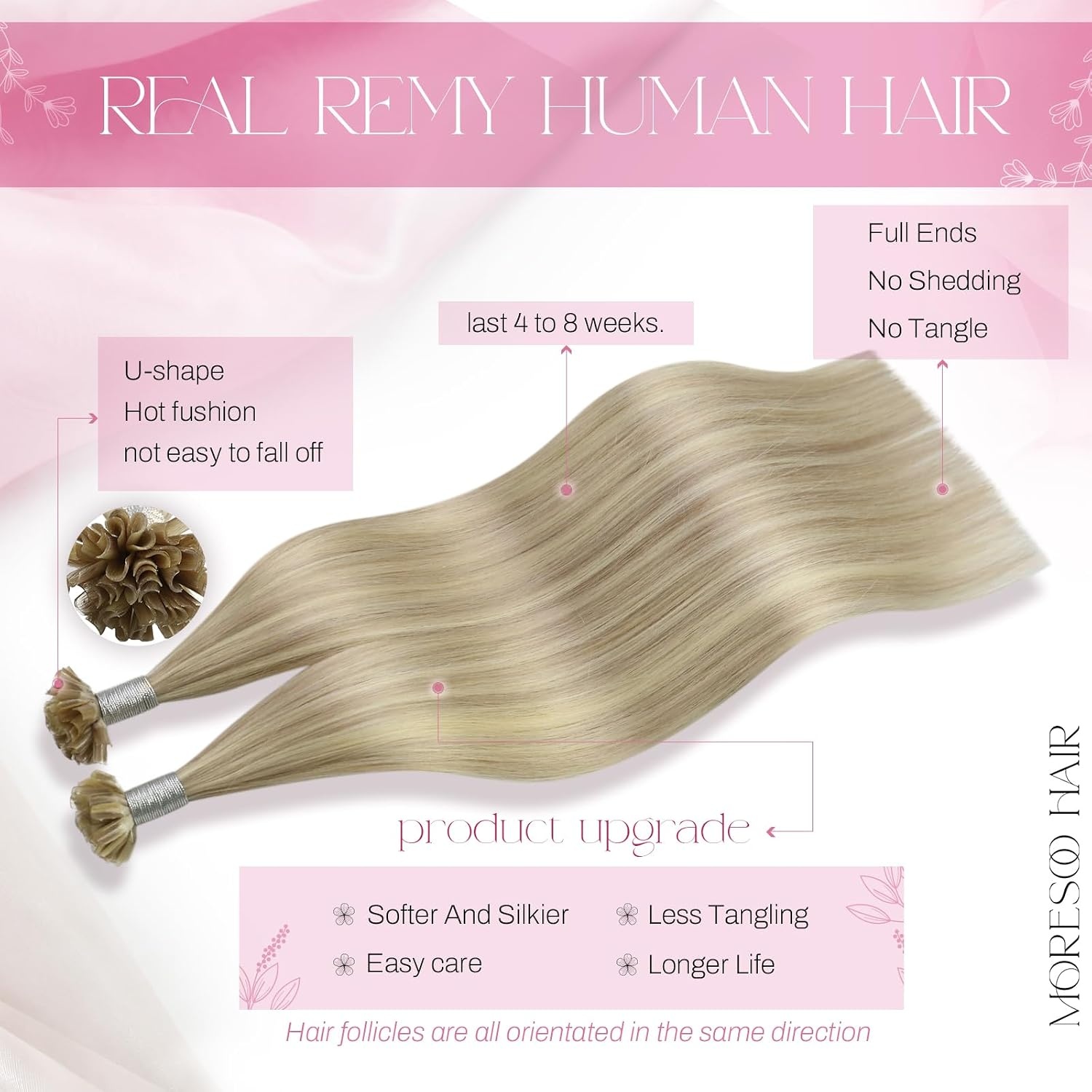image:imageMoresoo 100g Micro Beads Hair Extensions Real Human Hair Bundle U Tip Hair Extnesions Human Hair Ash Blonde Highlight Bleach Blonde 18613 14 inch