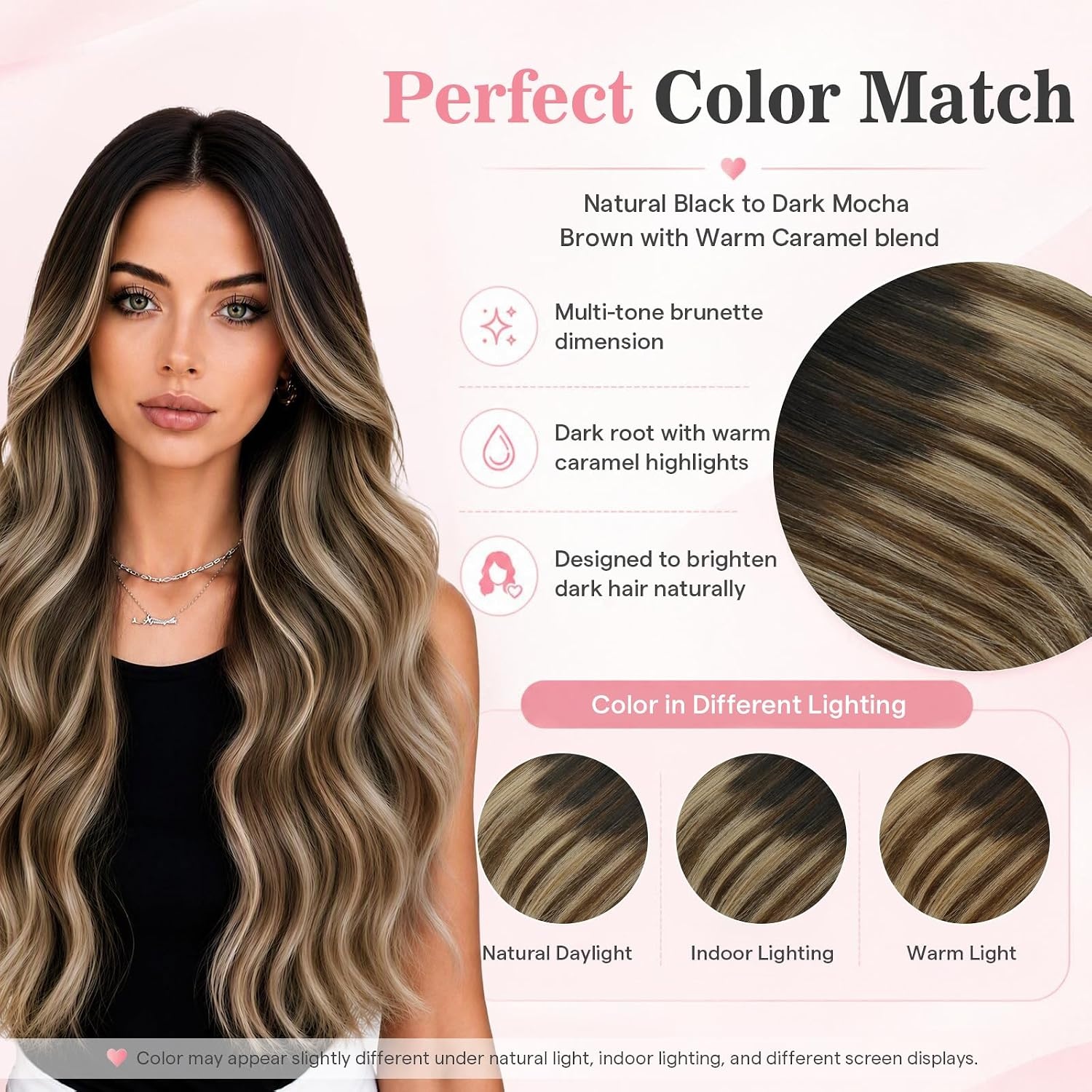 image:imageMoresoo 16in Human Hair Clip in Extensions Jet Black and Mocha Caramel