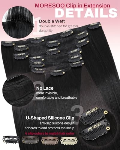 image:imageMoresoo 16in Jet Black and Off Black Clip In Hair Extensions 14 Pieces