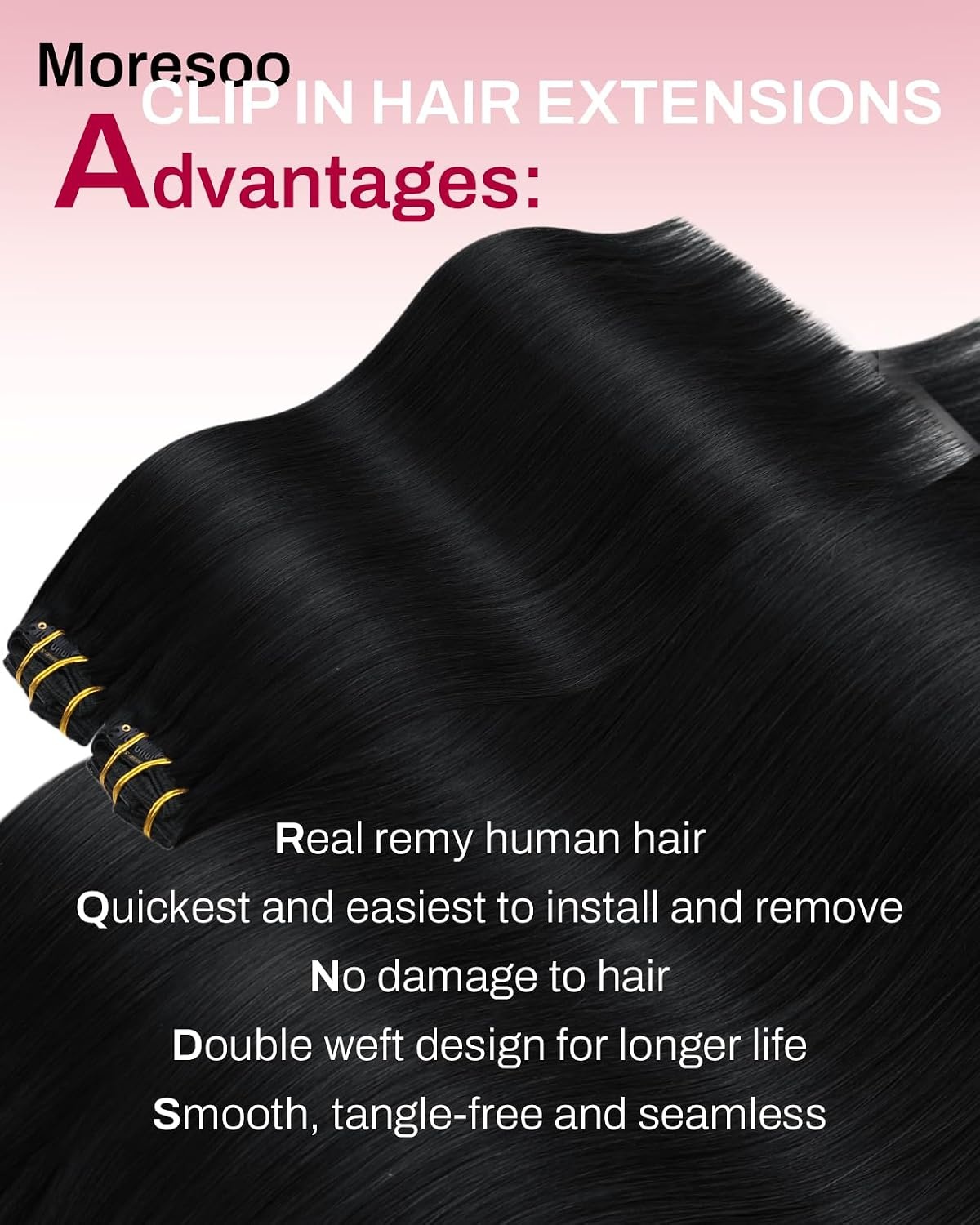 image:imageMoresoo 16in Jet Black and Off Black Clip In Hair Extensions 14 Pieces