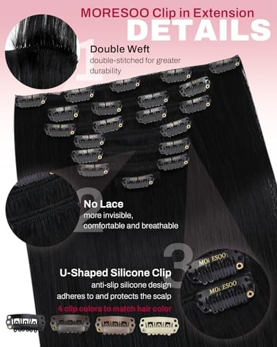 image:imageMoresoo 16in Jet Black and Off Black Clip In Hair Extensions 14 Pieces