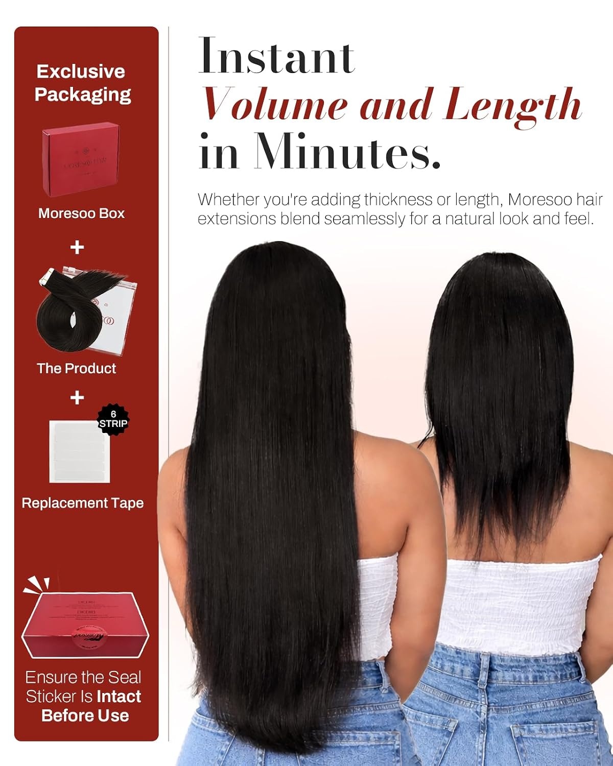 image:imageMoresoo 24in Jet Black Clip Ins and 22in Darkest Brown Tape Ins Bundle