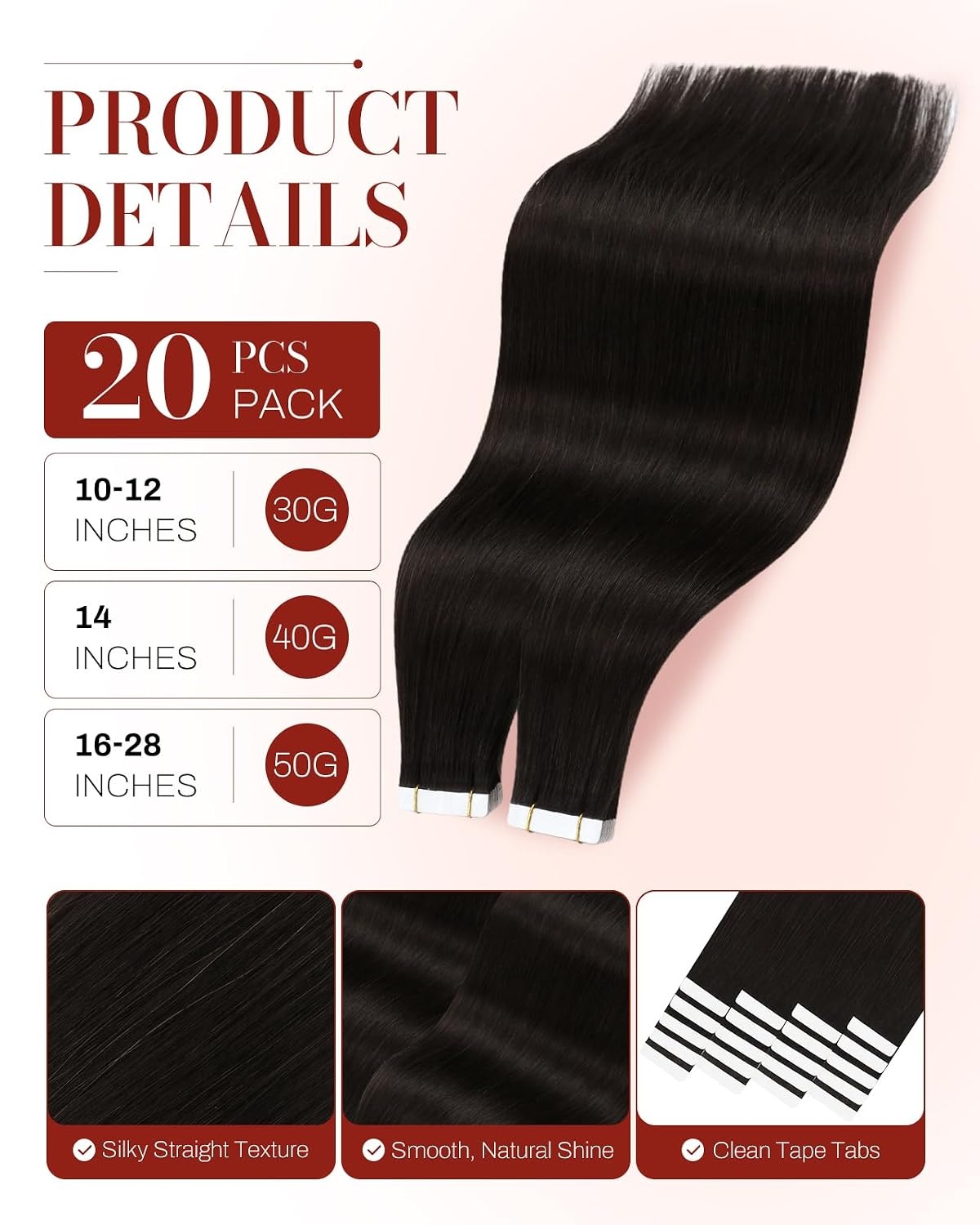 image:imageMoresoo 24in Jet Black Clip Ins and 22in Darkest Brown Tape Ins Bundle