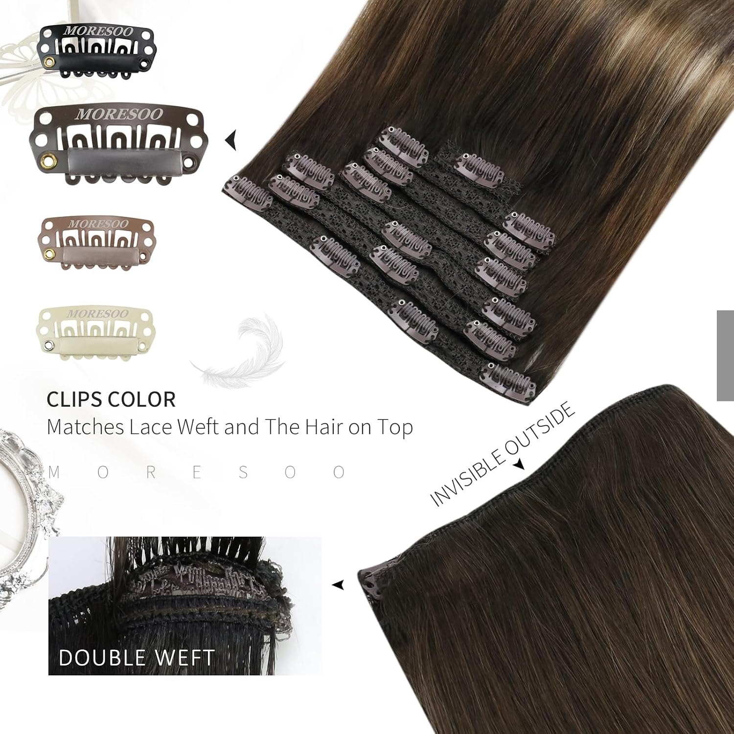 image:imageMoresoo Balayage Clip in Hair Extensions Human Hair Real Hair Extensions Clip in Human Hair Brown Mixed Dark Ash Blonde 2packs 14inch16inch