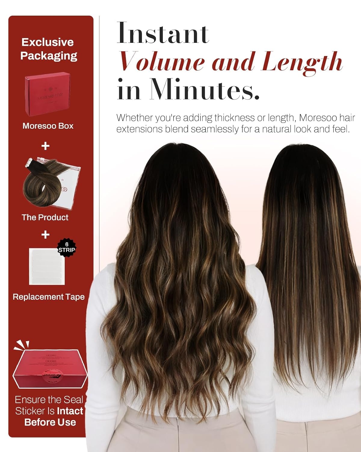 image:imageMoresoo Brown Balayage Tape in Hair Extensions 16 Inch Tabs Bundle
