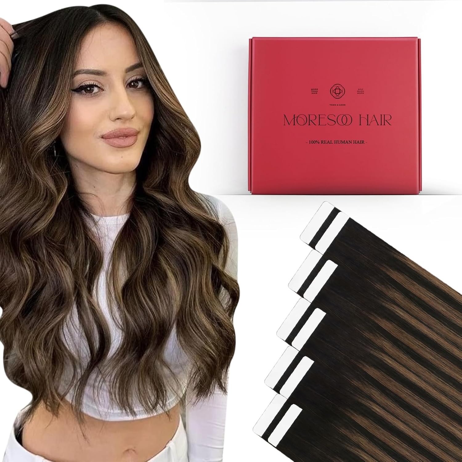 image:imageMoresoo Brown Balayage Tape in Hair Extensions 16 Inch Tabs Bundle